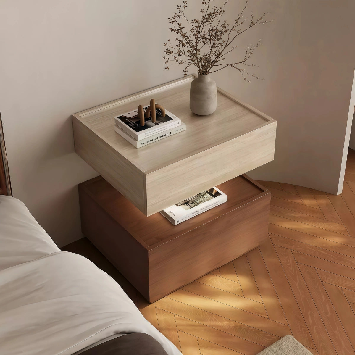 Floating Block Bedside Table With Lamp Vintage Style Master Bedroom Storage Cabinet