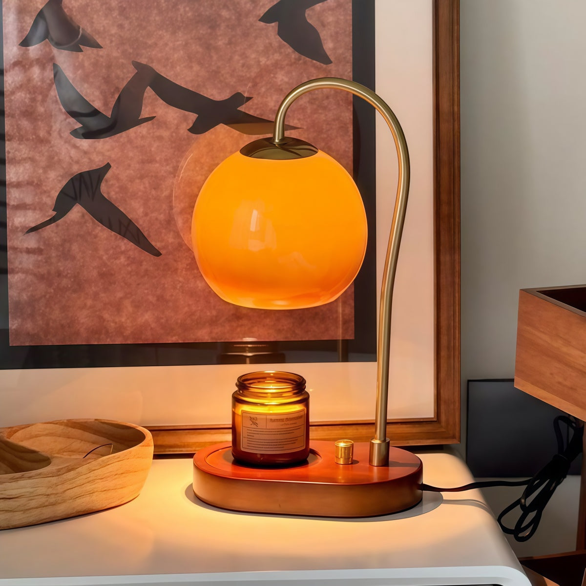 Vintage aromatherapy candle lamp with amber glass, solid wood base, electroplated body, and flicker-free ambient light