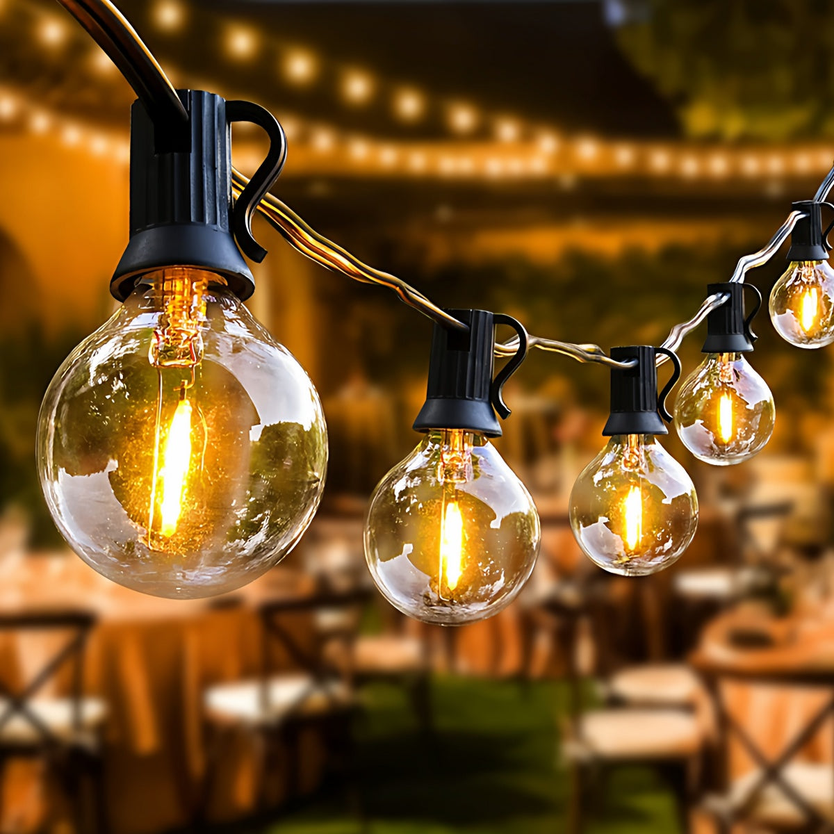 Outdoor LED solar string lights with waterproof, shockproof design and hanging hooks for camping and weddings