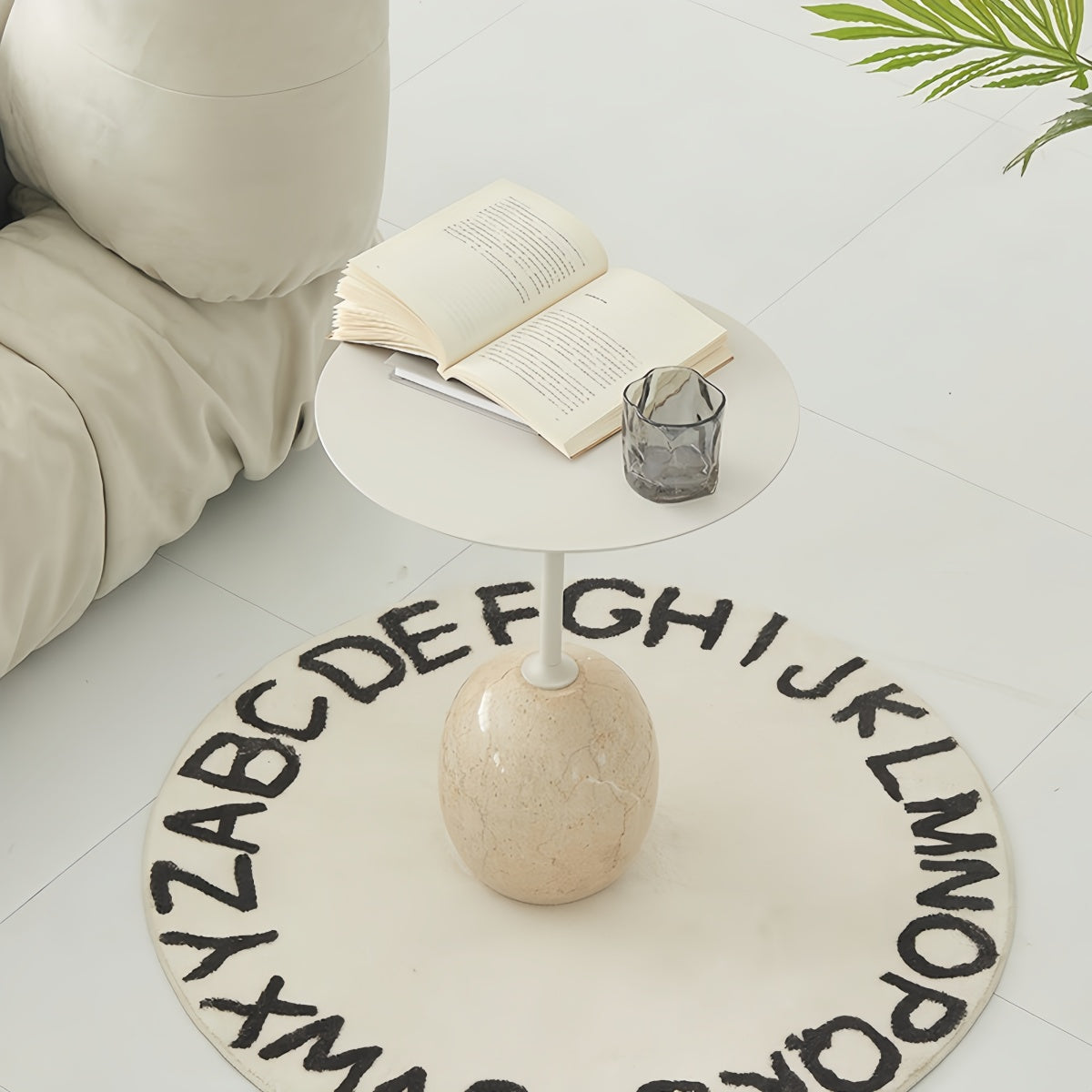 Marble-Style Cream-Toned Round Side Table/Coffee Table For Living Room Sofa Or Bedside