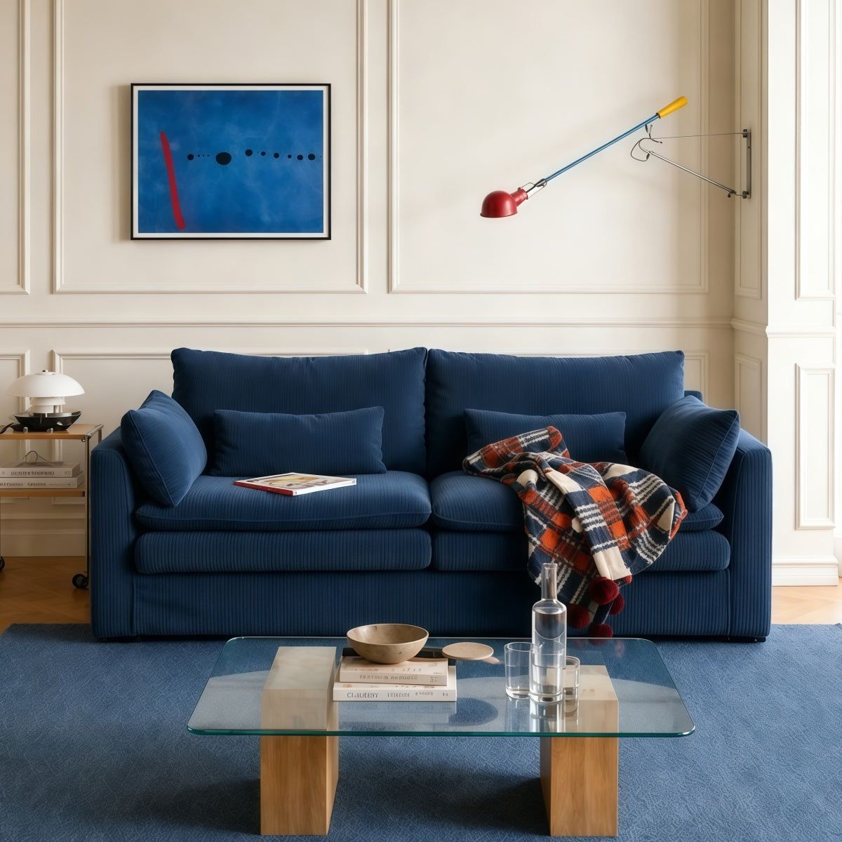 Down-Filled Sofa Removable And Washable Korean Bauhaus Style Suitable For Small Living Rooms Straight-Line Corduroy Blue Fabric Sofa