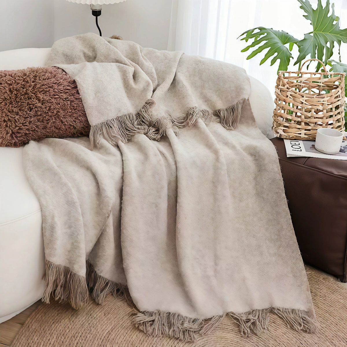 Tassel Blanket - Wabi-Sabi Brown & Coffee Textured Fleece Throw for Living Room