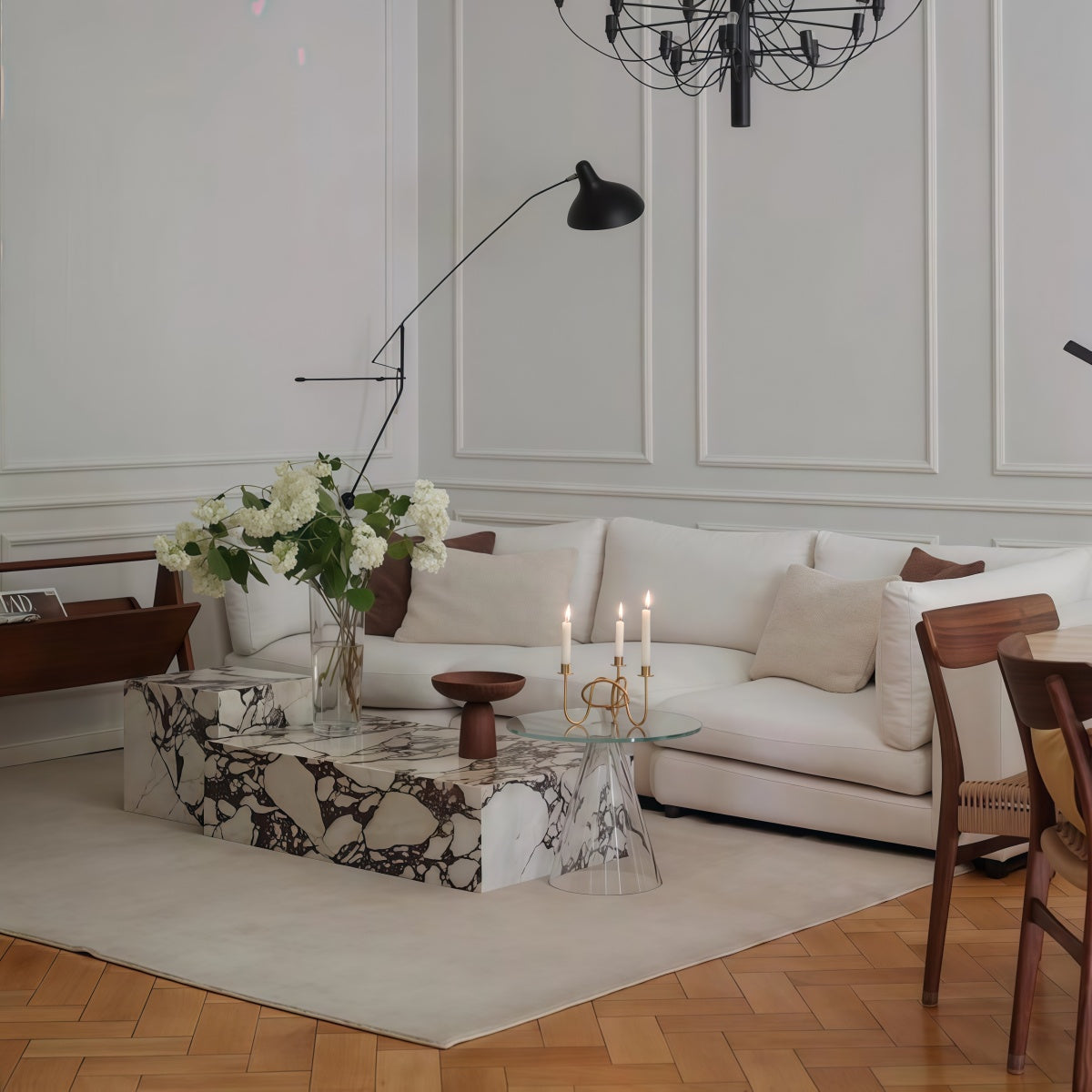Marble Coffee Table French Retro Style Living Room Nordic Style Stone Slab Side Table/Corner Table Combination