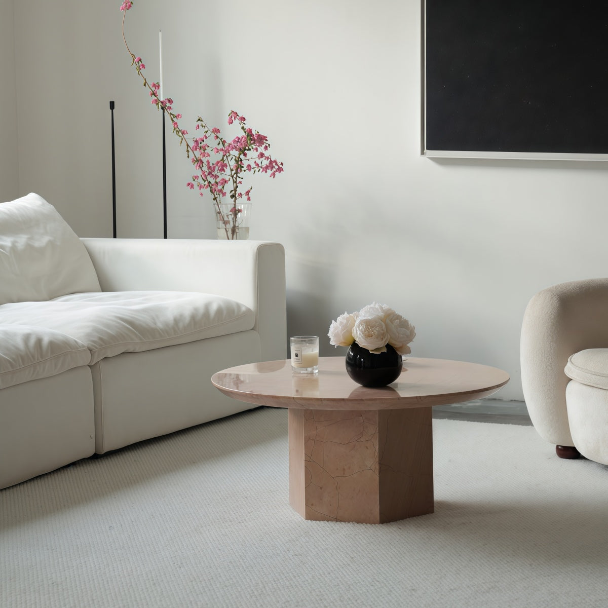 French-Style Living Room Coffee Table Set Rose-Pink Natural Marble Creamy Aesthetic