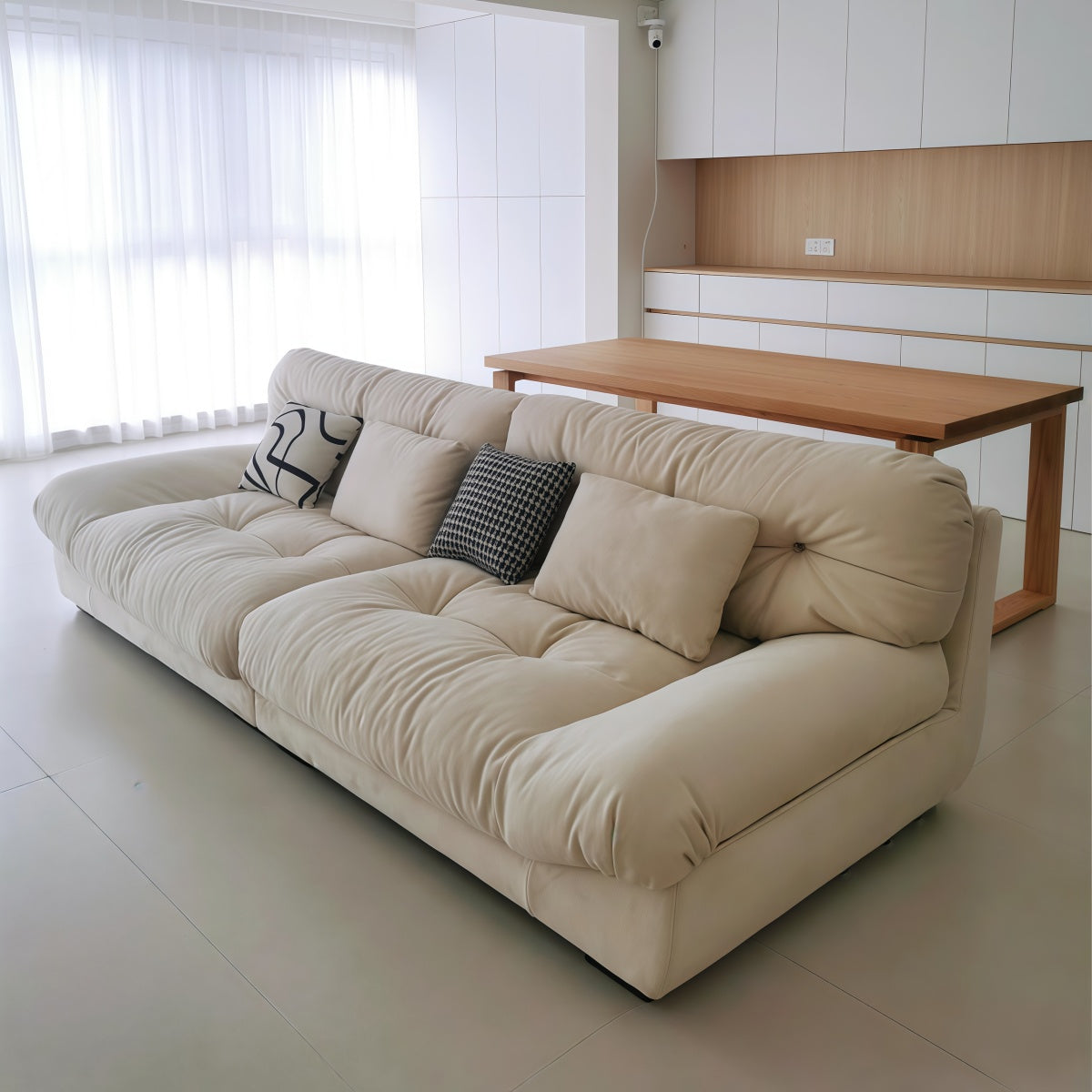 Cloud-themed French Cream Style Home Small Apartment Living Room Straight-Line Frosted Fabric Sofa Set