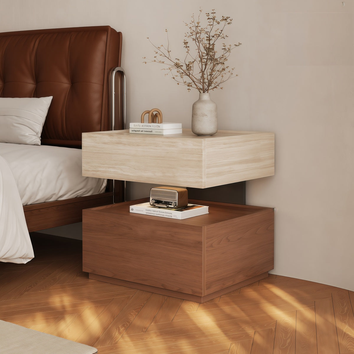 Floating Block Bedside Table With Lamp Vintage Style Master Bedroom Storage Cabinet