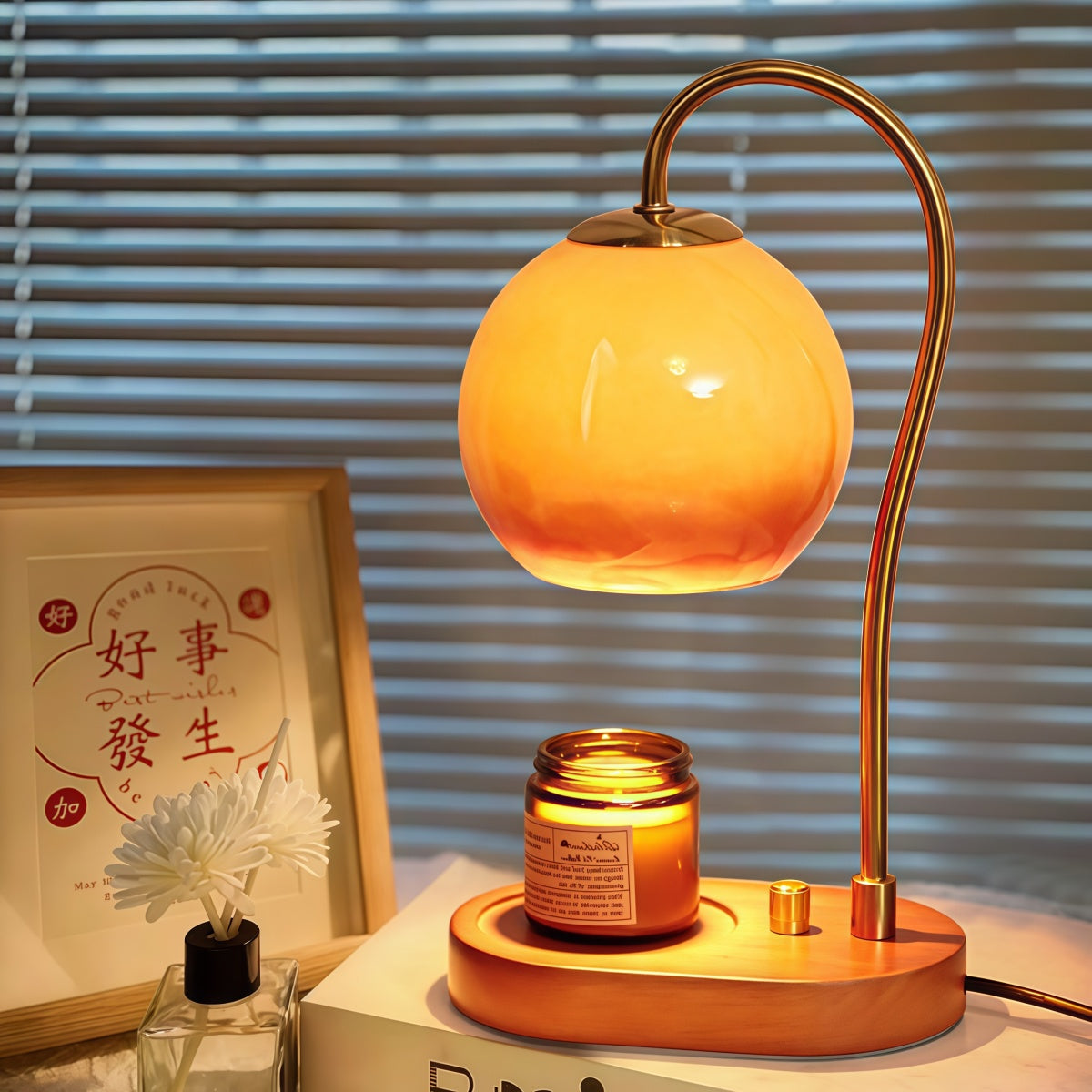 Vintage aromatherapy candle lamp with amber glass, solid wood base, and electroplated body emitting warm, flicker-free ambient light.