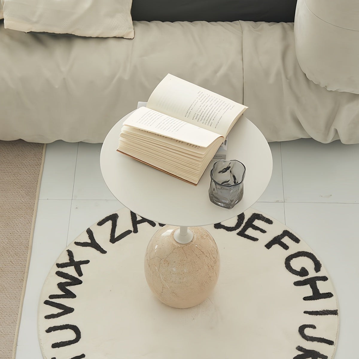 Marble-Style Cream-Toned Round Side Table/Coffee Table For Living Room Sofa Or Bedside