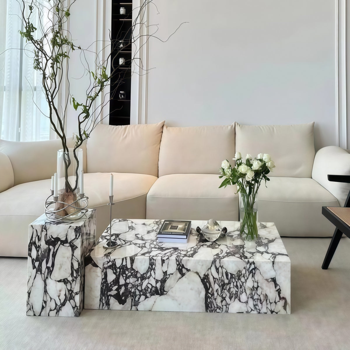 Marble Coffee Table French Retro Style Living Room Nordic Style Stone Slab Side Table/Corner Table Combination