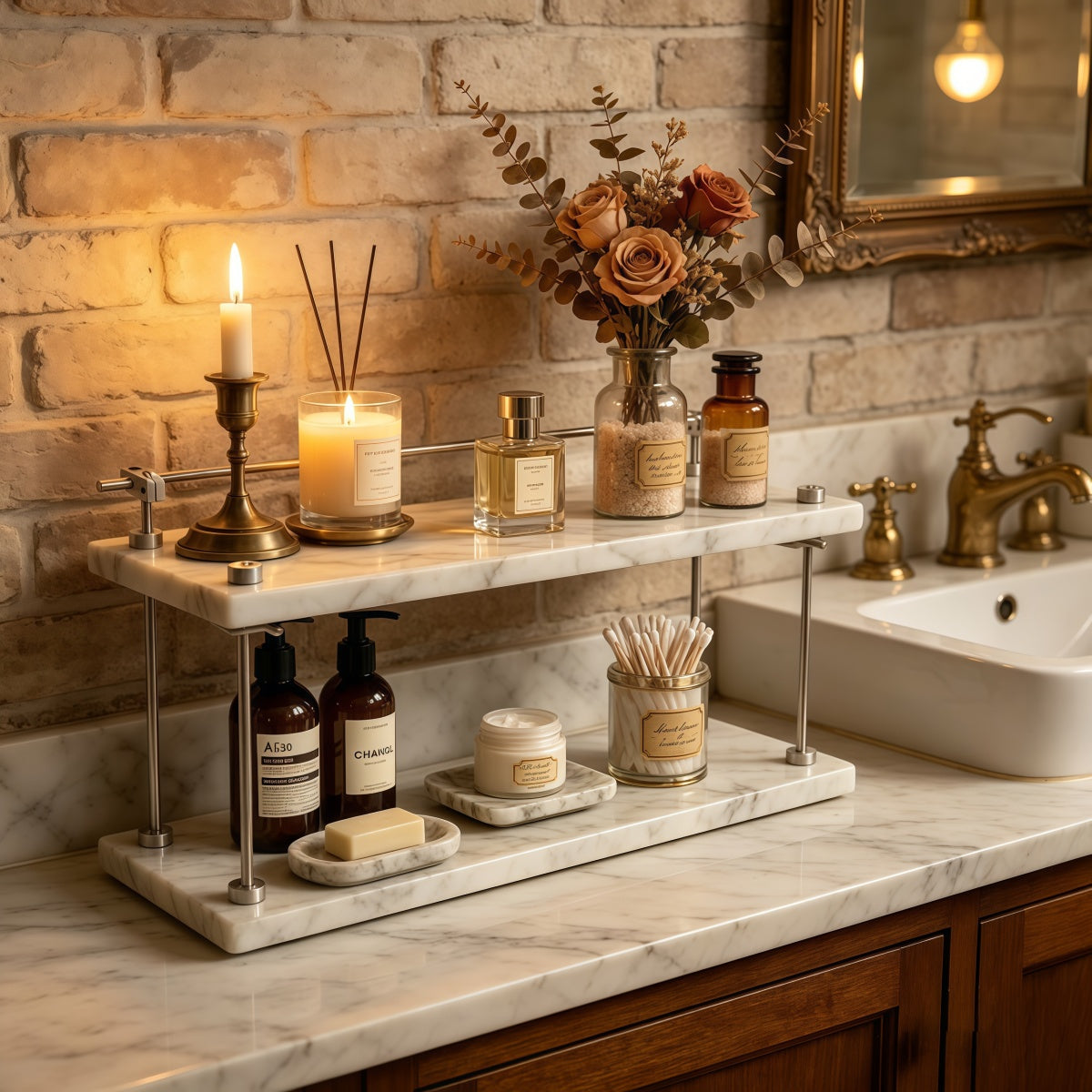 American Retro Style Marble Bathroom Shelf - Double-Layer Storage Rack