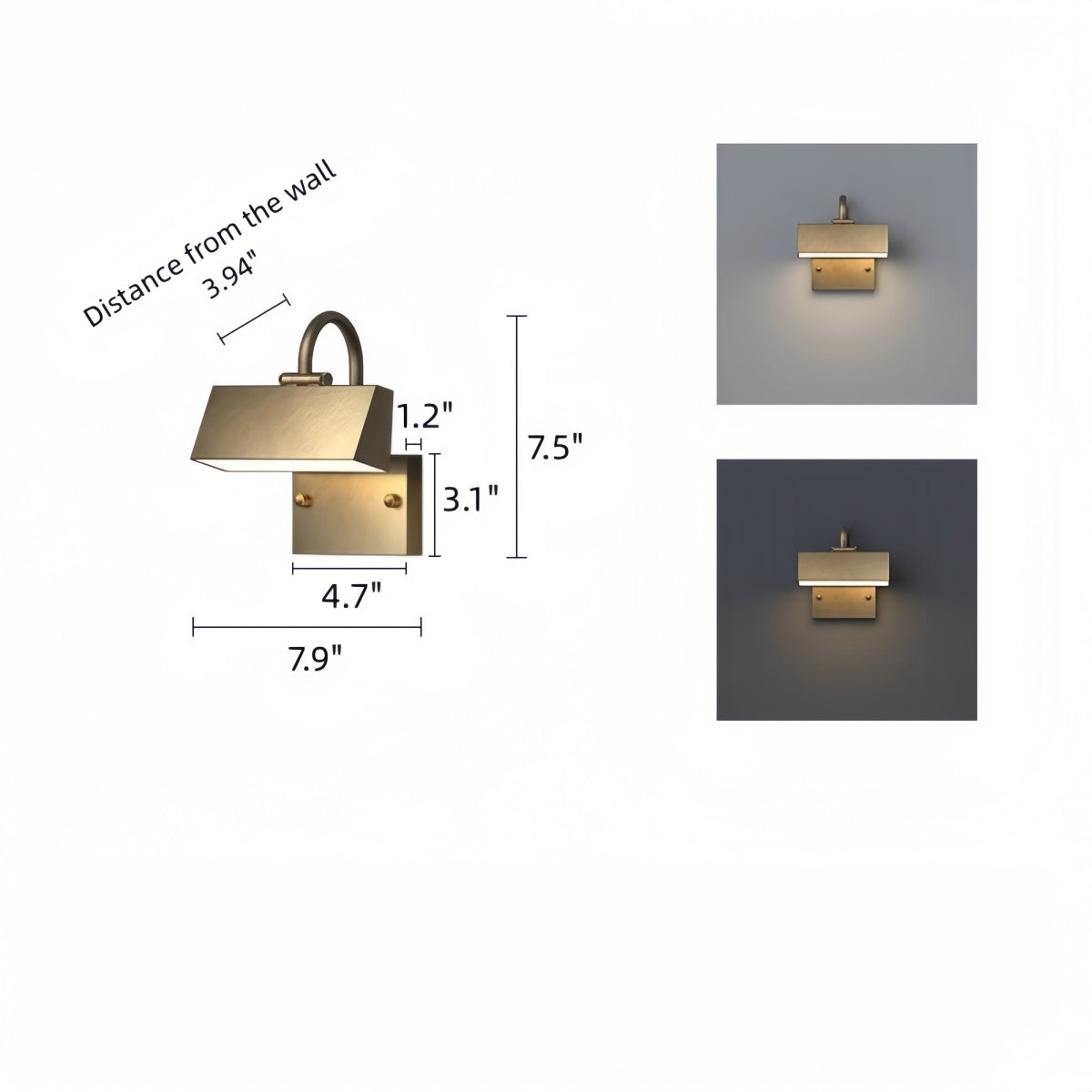 All-Copper Outdoor Waterproof Wall Light in brass with rectangular shade, adjustable arm, and warm LED illumination, rust-resistant design.