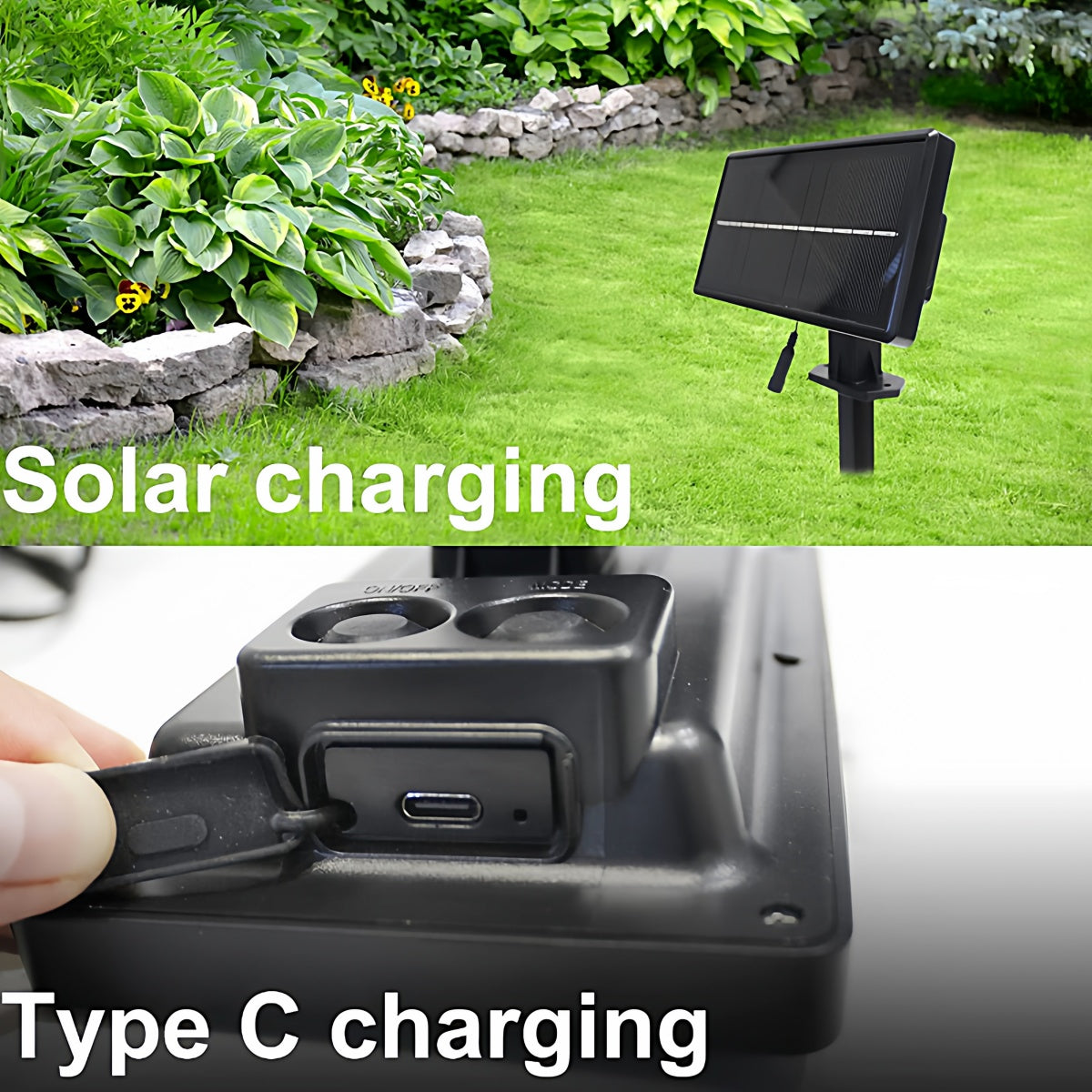 Outdoor LED solar string lights hanging on tree branches with warm glowing bulbs in a garden setting, showcasing waterproof and shockproof features ideal for camping and outdoor decoration.