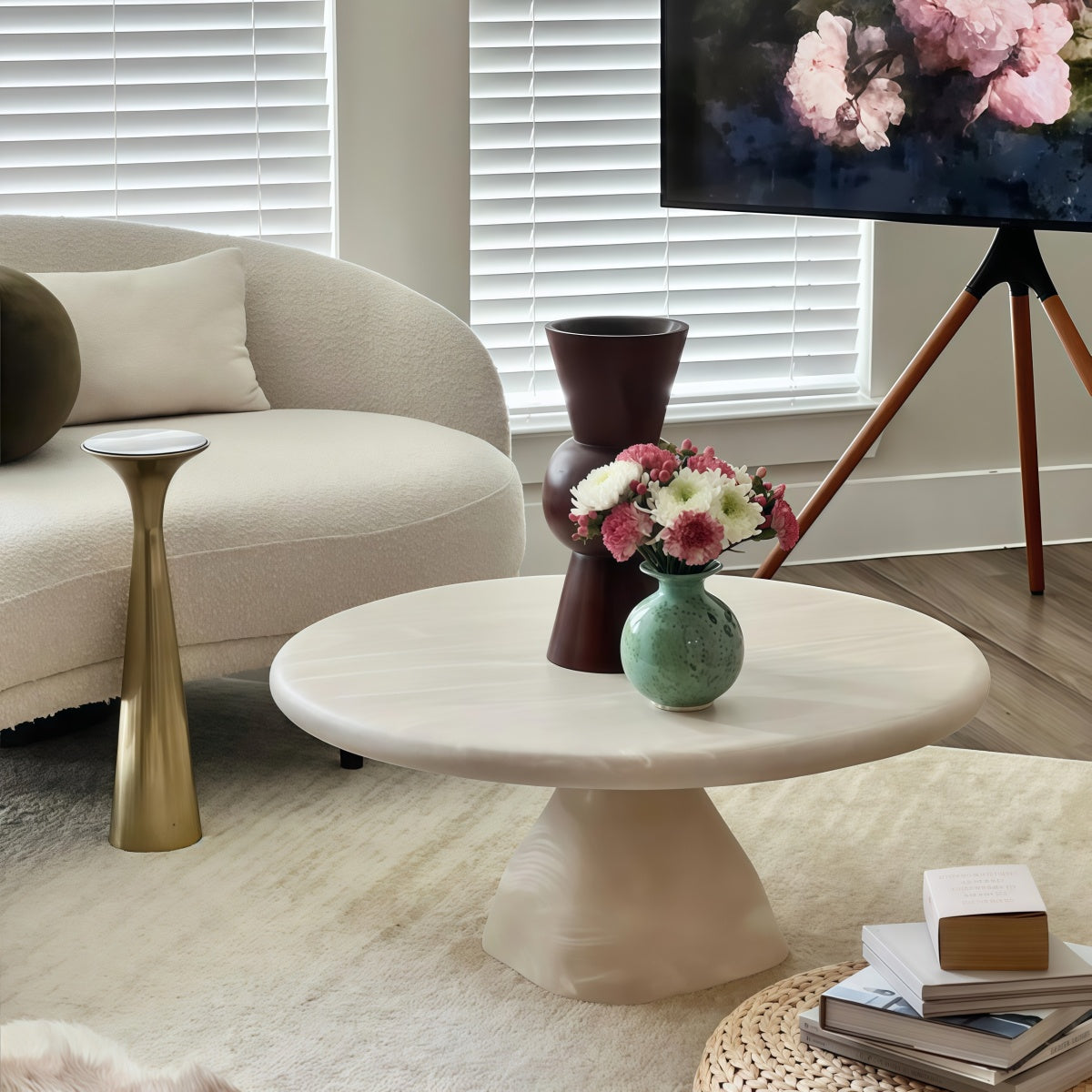 Round Coffee Table with Marble Pattern - Trendy Resin Living Room Decor