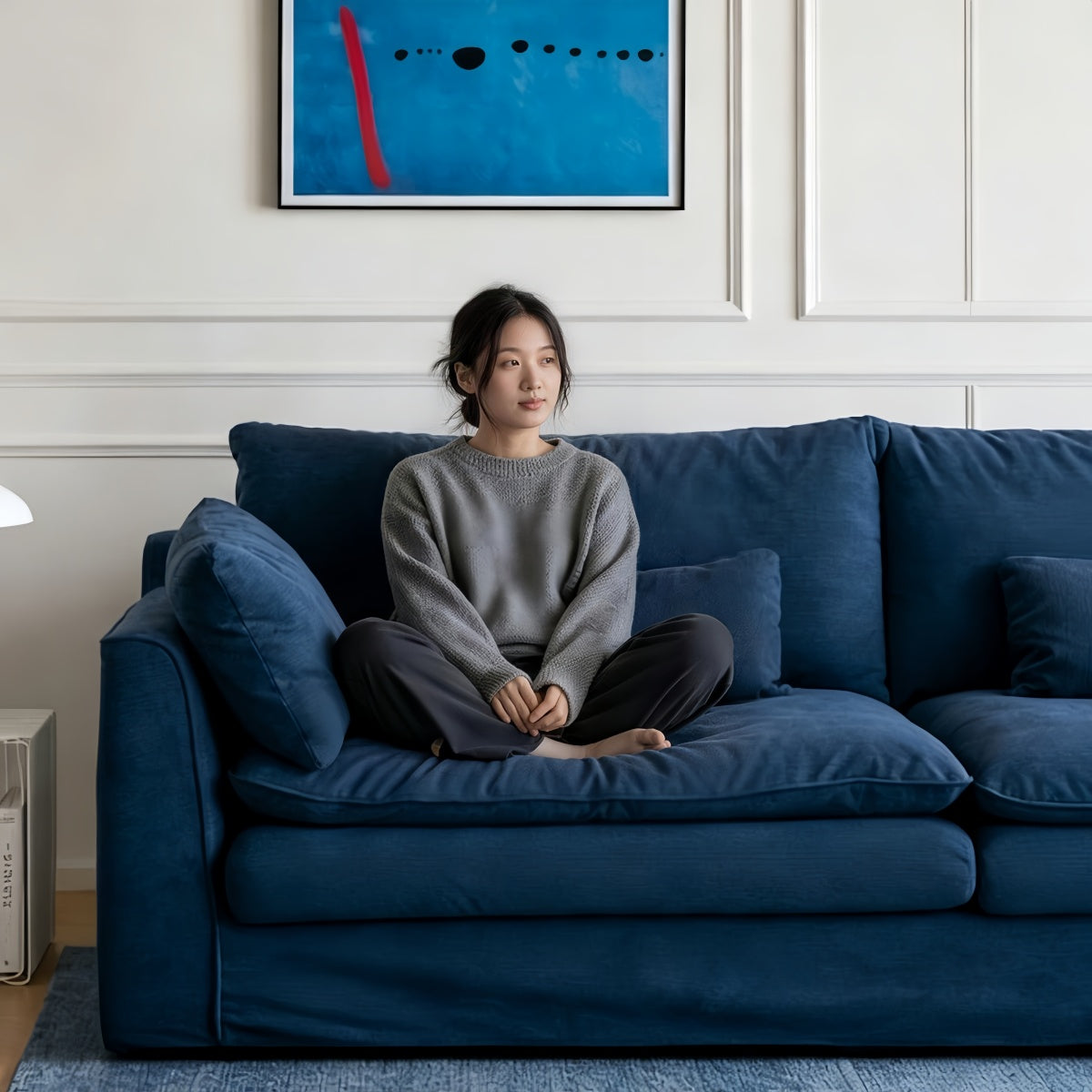 Down-Filled Sofa Removable And Washable Korean Bauhaus Style Suitable For Small Living Rooms Straight-Line Corduroy Blue Fabric Sofa