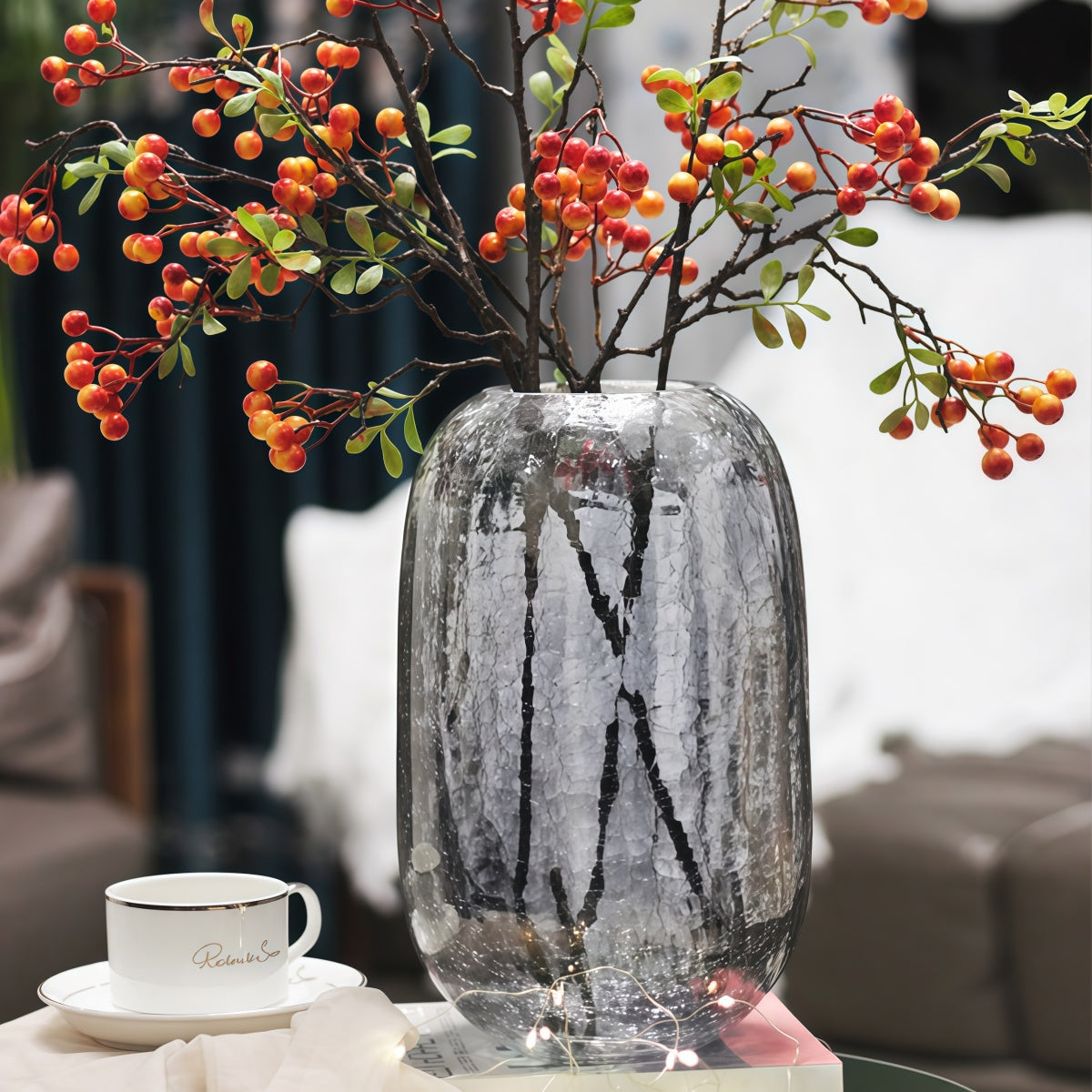 Glass Vase Floral: Elegant Crackled Glass Vase for Home Decor