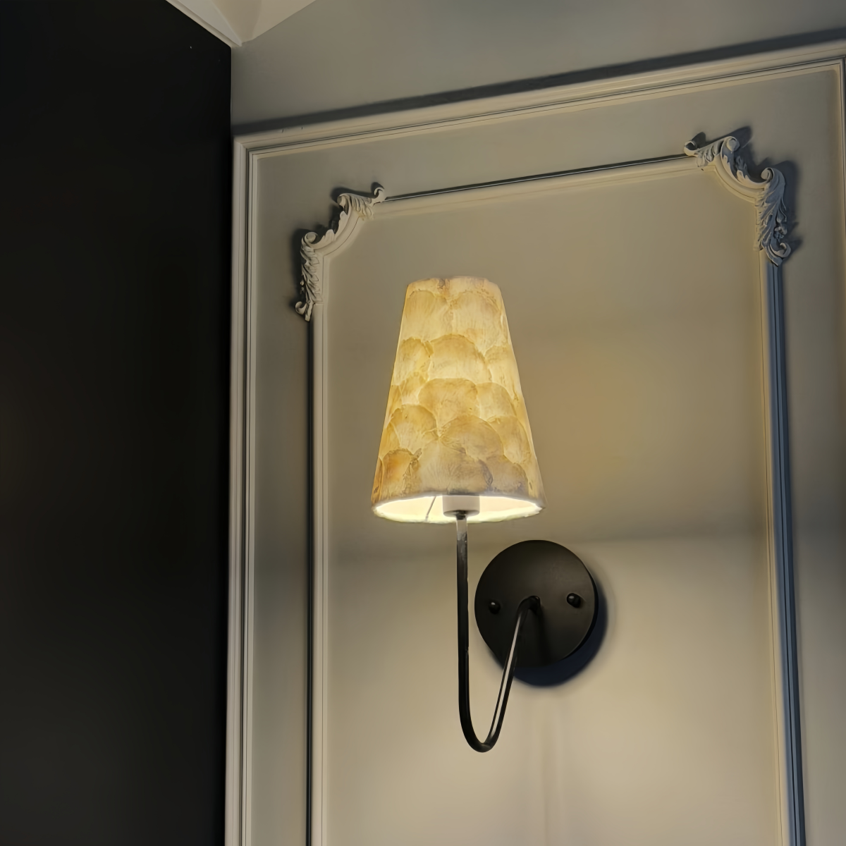 American minimalist retro wall lamp with vintage French seashell lampshade in matte black and gold finishes