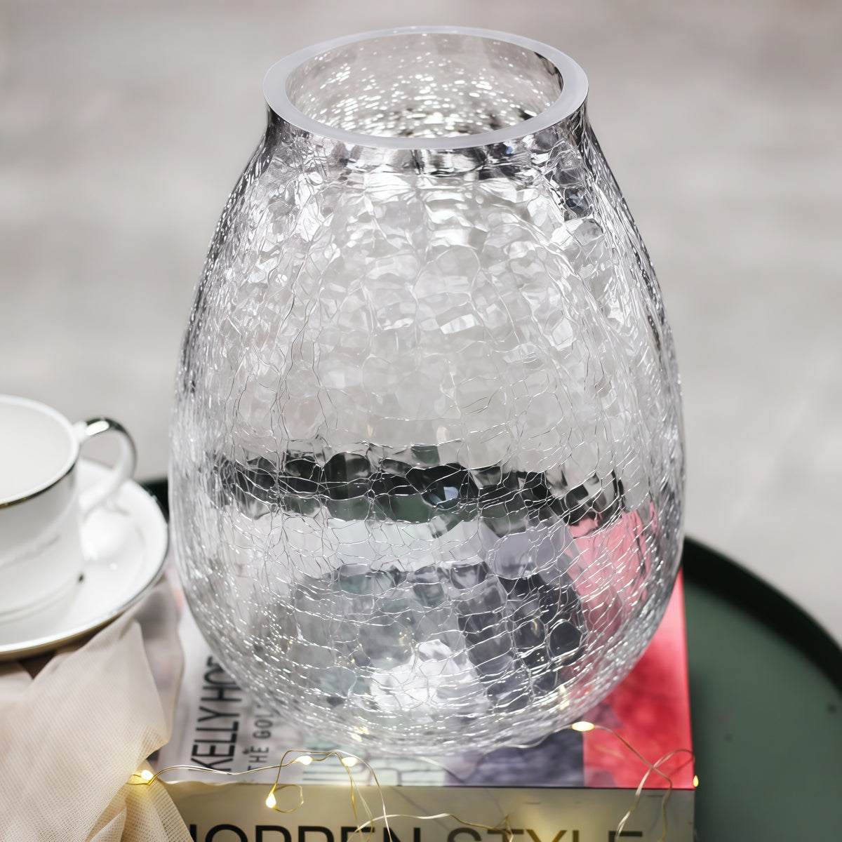 Glass Vase Floral: Elegant Crackled Glass Vase for Home Decor