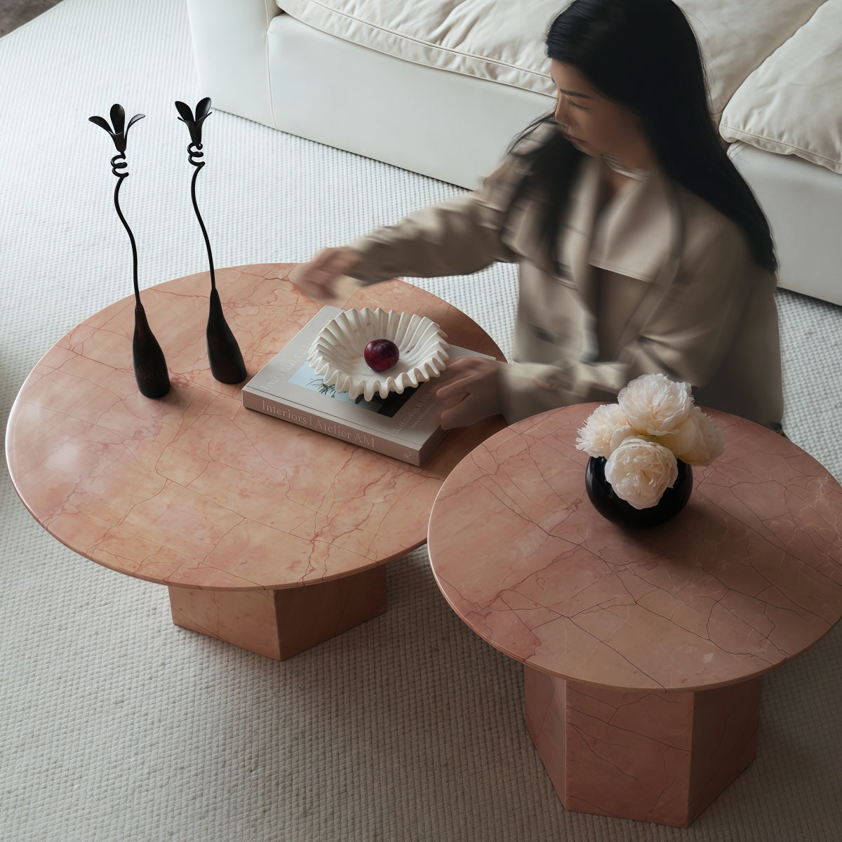 French-Style Living Room Coffee Table Set Rose-Pink Natural Marble Creamy Aesthetic