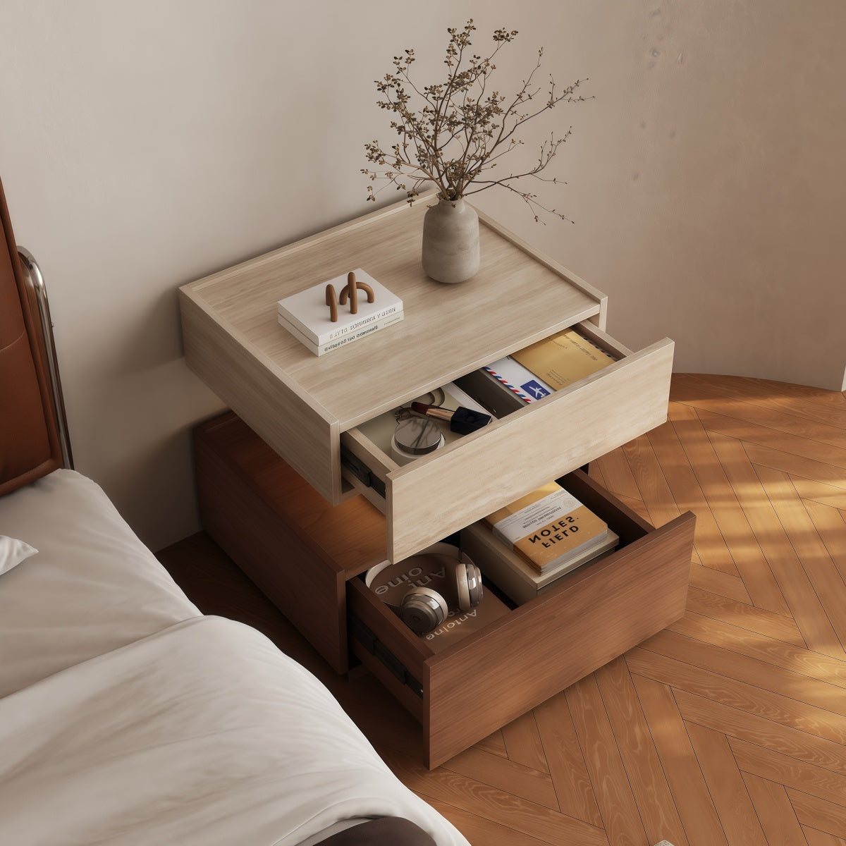 Floating Block Bedside Table With Lamp Vintage Style Master Bedroom Storage Cabinet