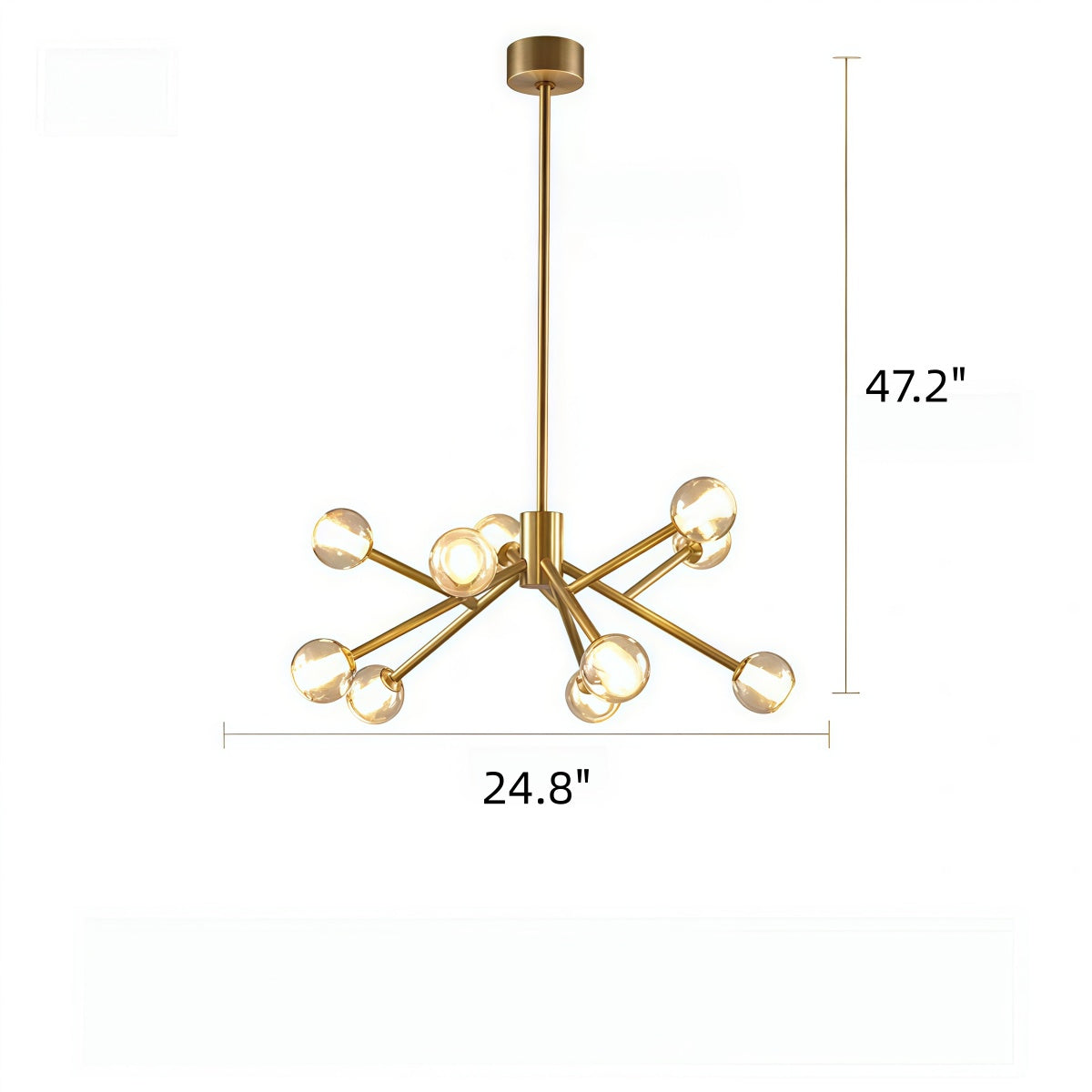 Modern Minimalist All-Copper branch chandelier with a gold-toned metal frame and multiple clear glass globe shades.