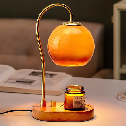 Vintage aromatherapy candle lamp with amber glass, solid wood base, electroplated body, and timer function for cozy bedroom ambient lighting