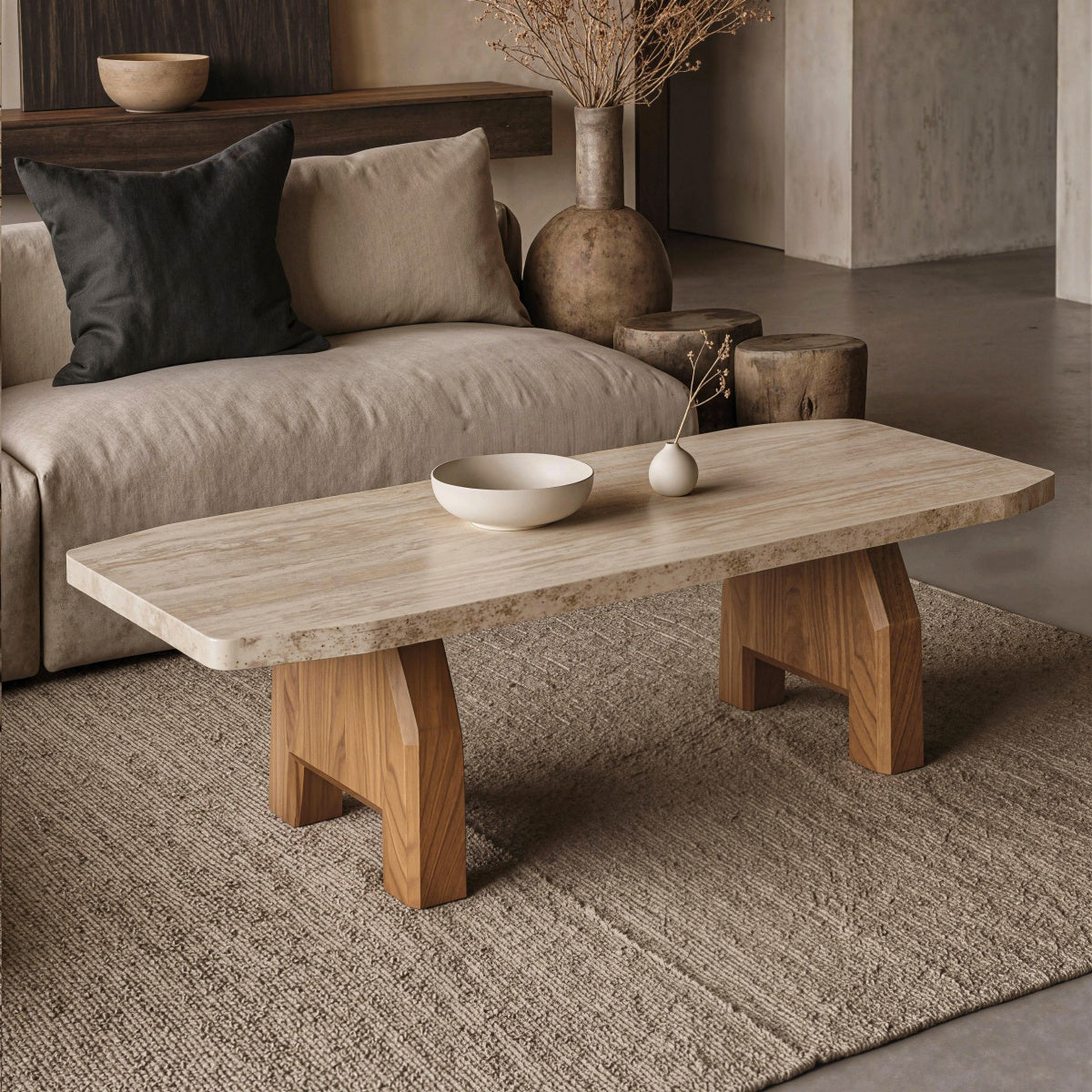Vintage Wabi-Sabi Style Rectangular Travertine Coffee TableMinimalist Style