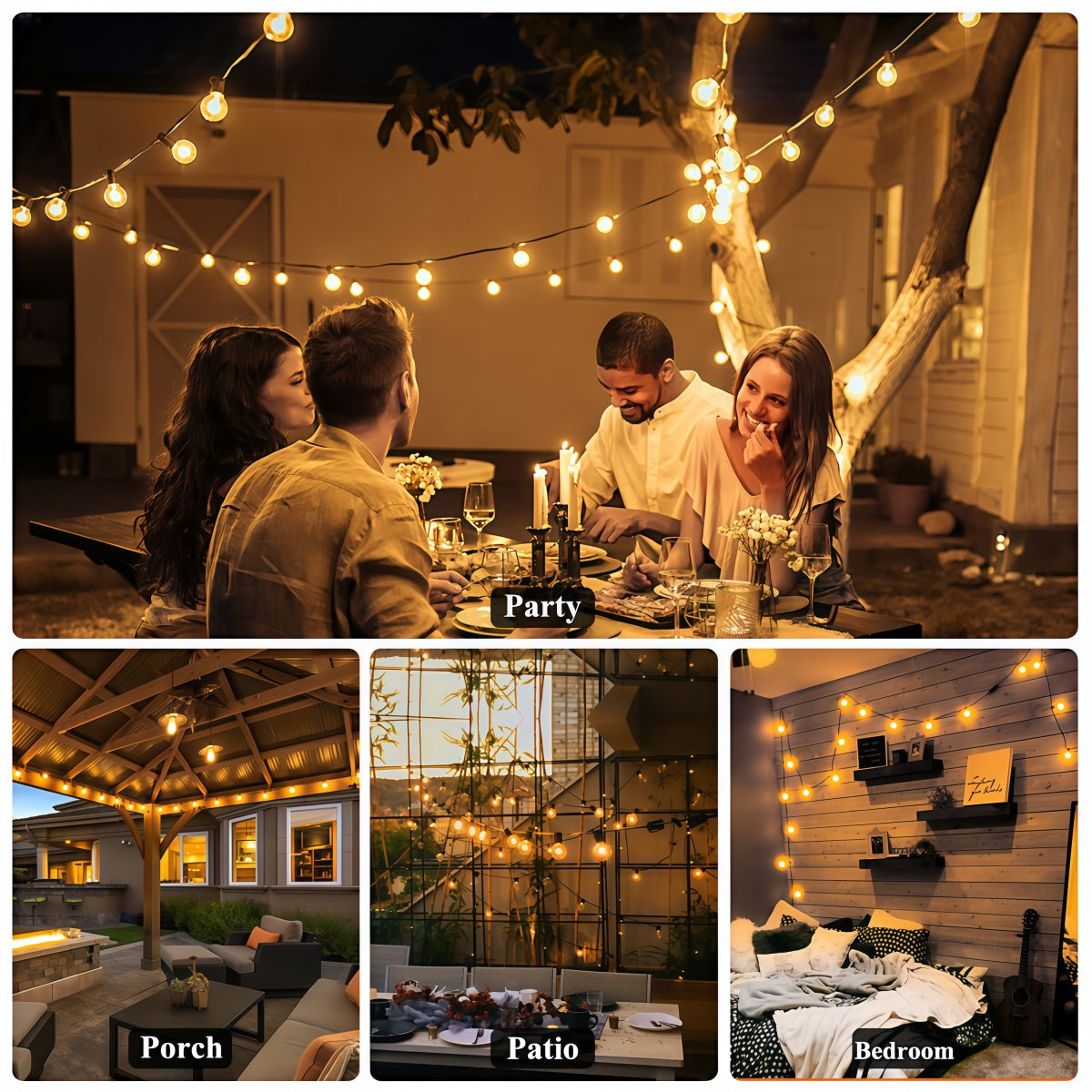 Outdoor LED solar string lights hanging in garden with waterproof and shockproof design