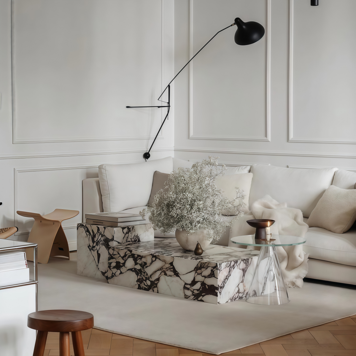 Marble Coffee Table French Retro Style Living Room Nordic Style Stone Slab Side Table/Corner Table Combination