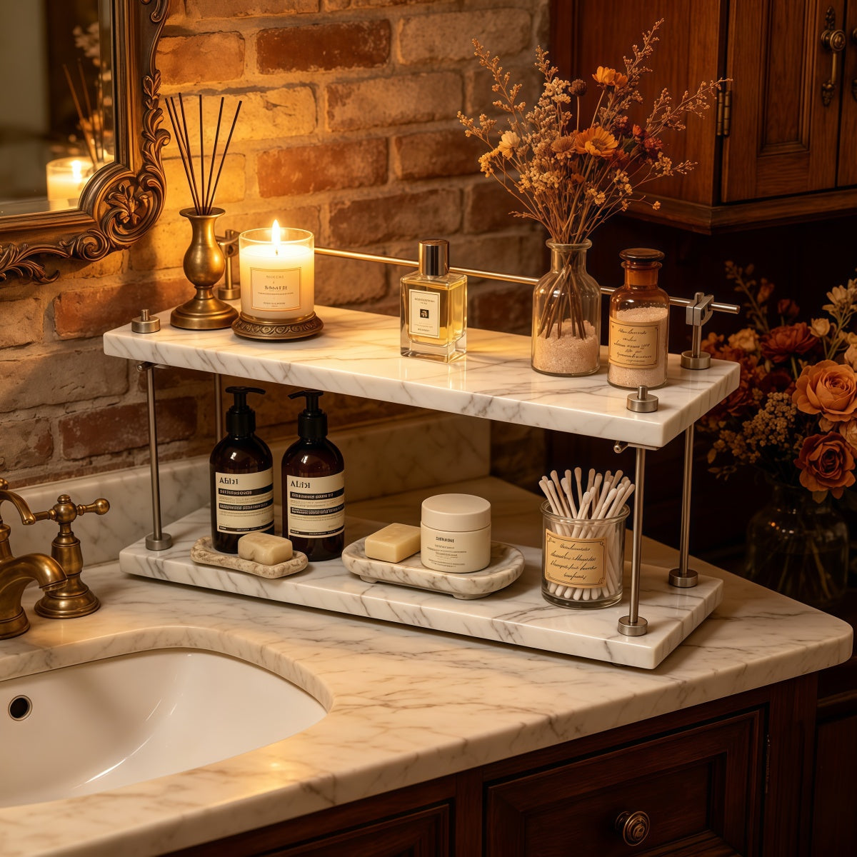 American retro style double-layer marble bathroom shelf with black-and-white veining and stainless steel frame