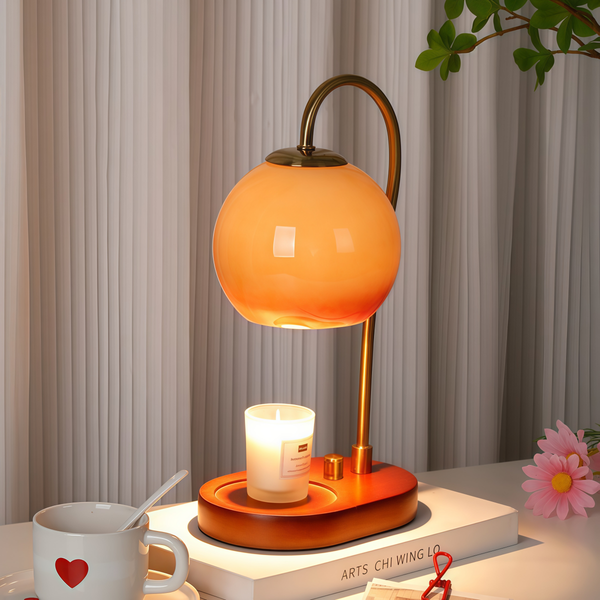 Vintage aromatherapy candle lamp with amber glass and solid wood base emitting warm ambient light