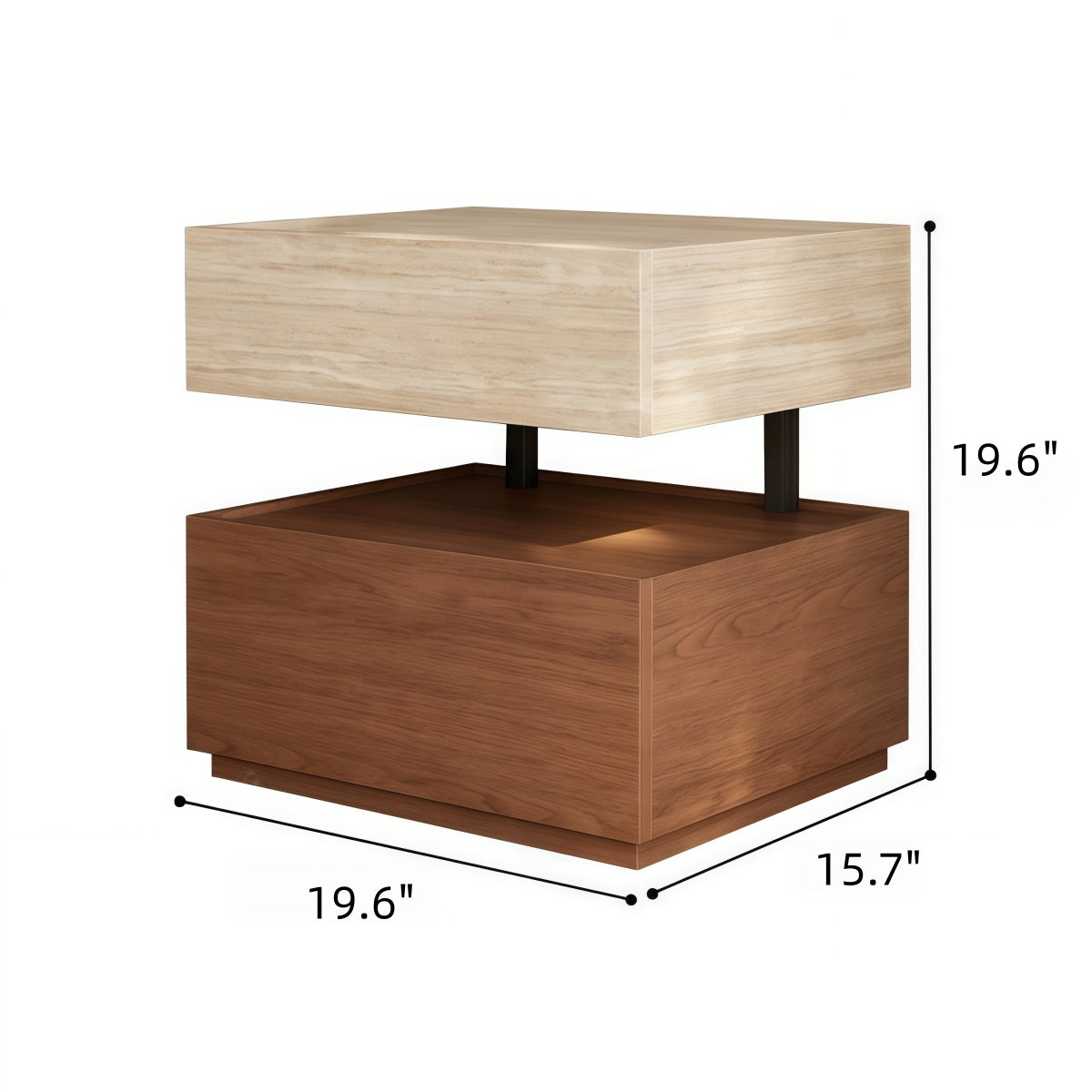 Floating block bedside table with lamp in Italian minimalist vintage style, featuring walnut grain and travertine texture, double drawers, and built-in sensor light.