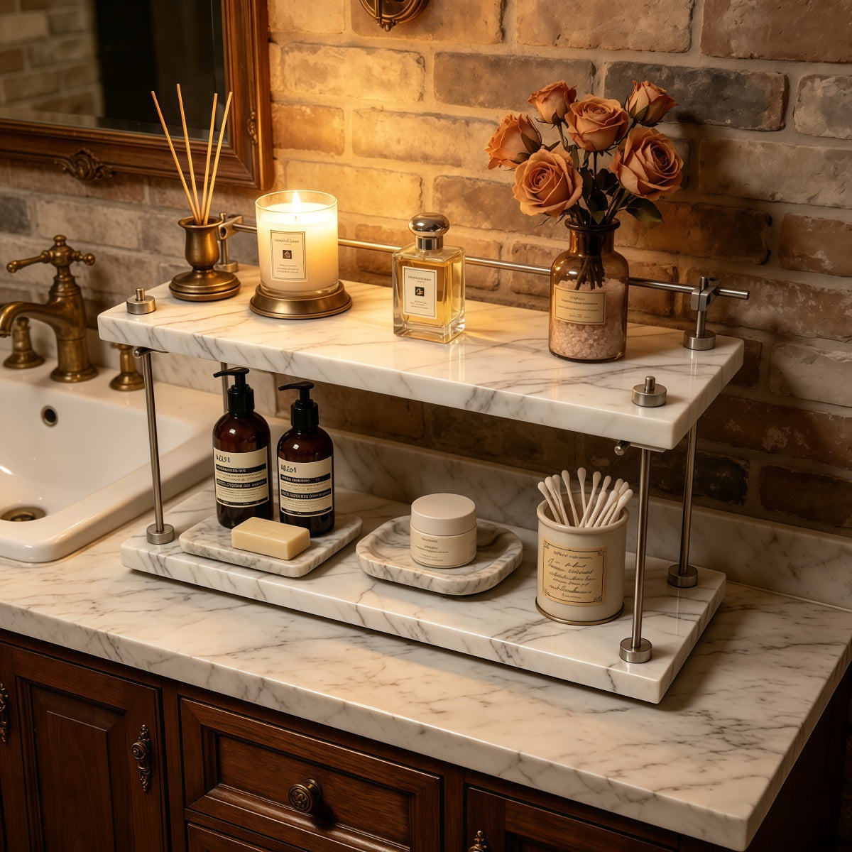 American Retro Style Marble Bathroom Shelf - Double-Layer Storage Rack