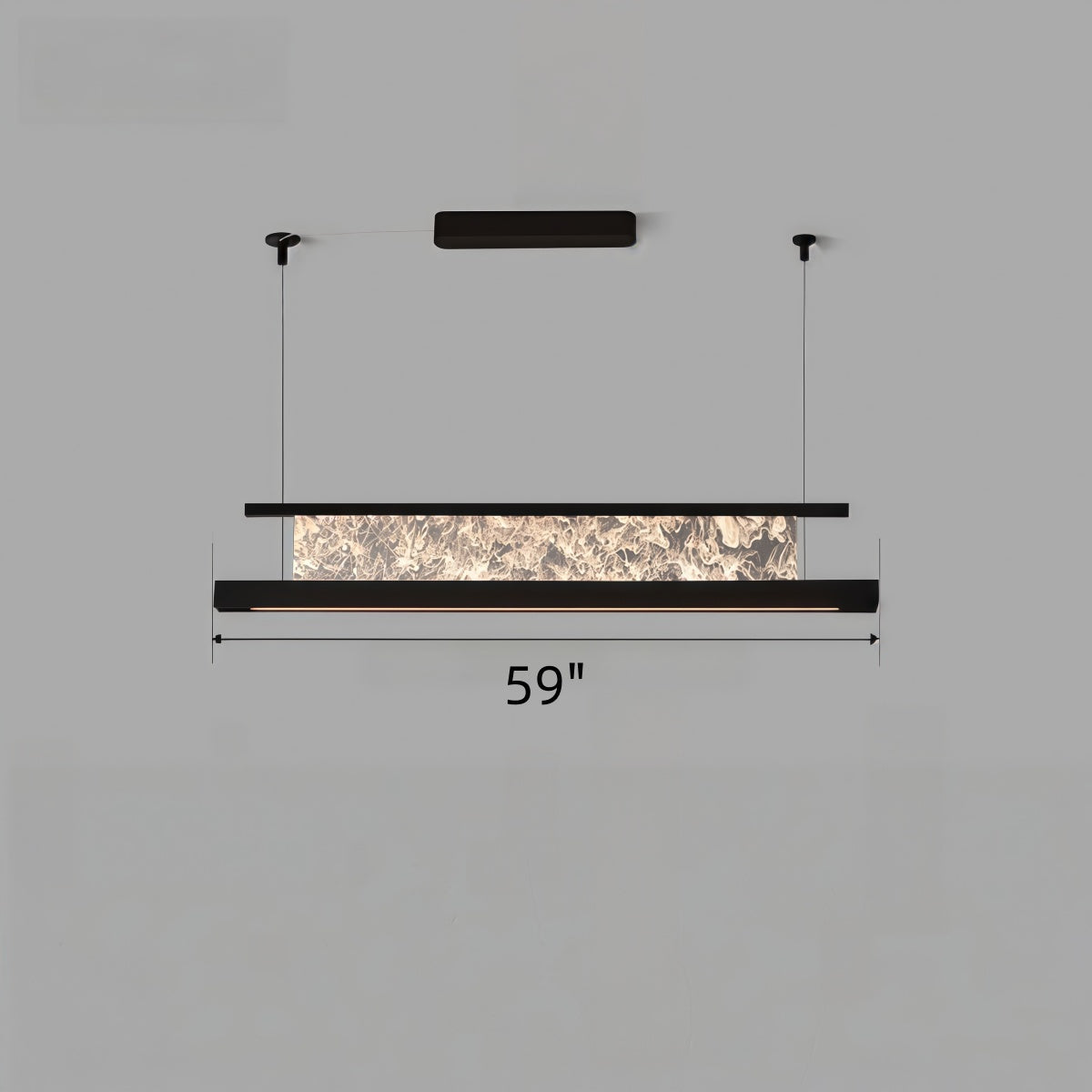 Linear pendant light with black metal frame, translucent marbled shade and slim suspended design, Modern Italian-style Minimalist style.