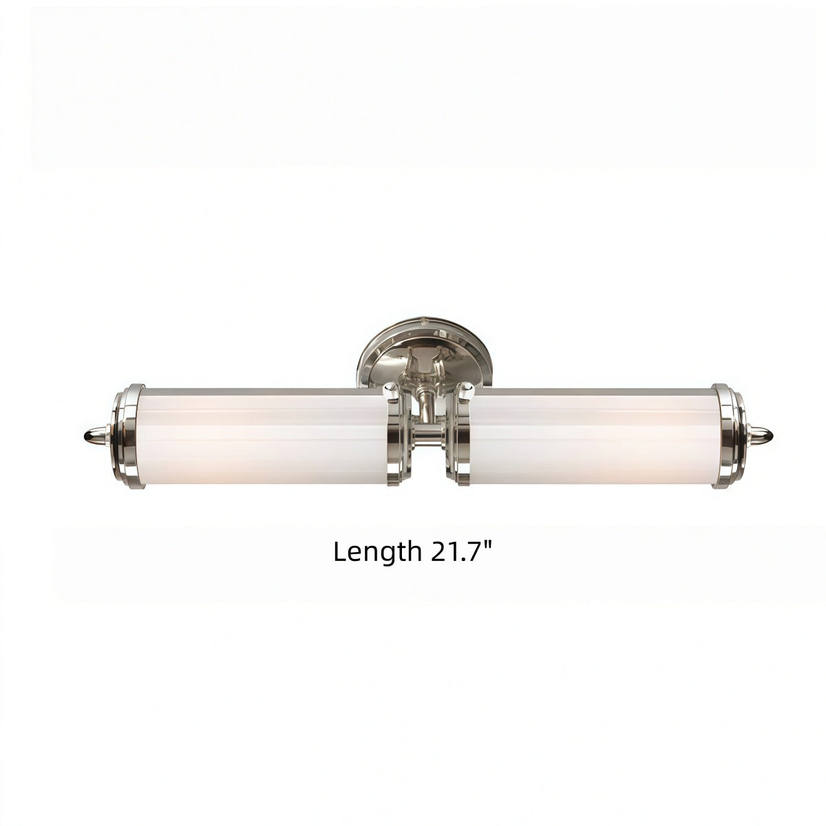 American Vintage Style bathroom vanity wall light with polished metal body, two white cylindrical shades, and symmetrical horizontal design.