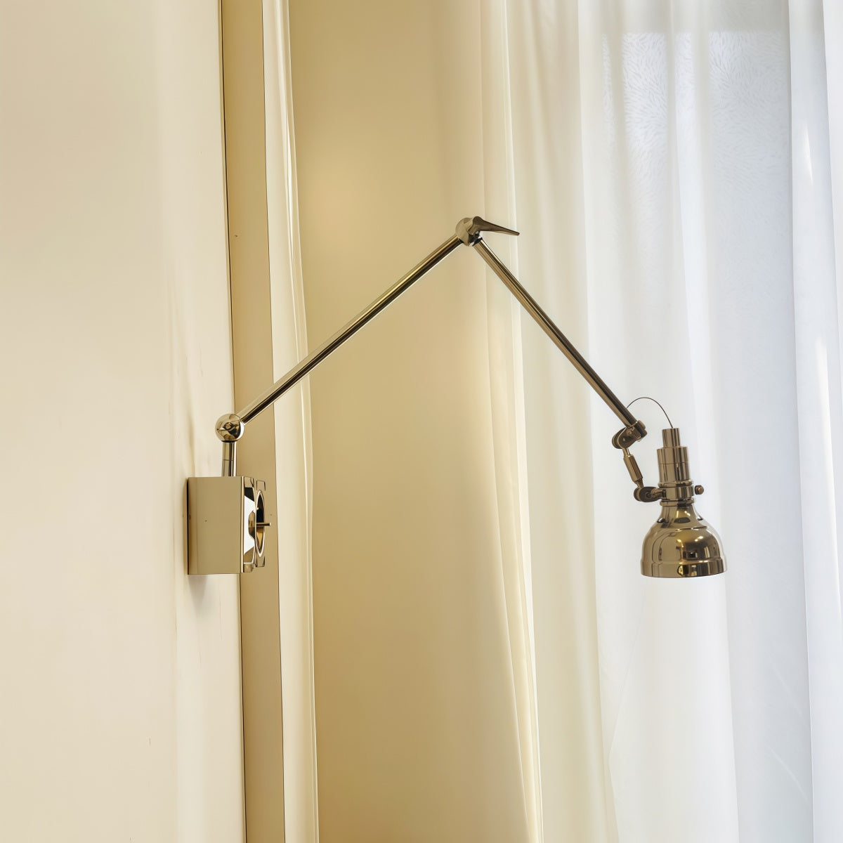 American industrial style swing arm wall lamp with Bauhaus design, iron body, and aluminum shade for living room and bedside reading