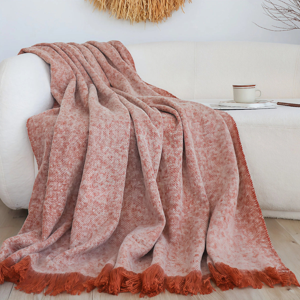 Tassel Blanket - Wabi-Sabi Brown & Coffee Textured Fleece Throw for Living Room