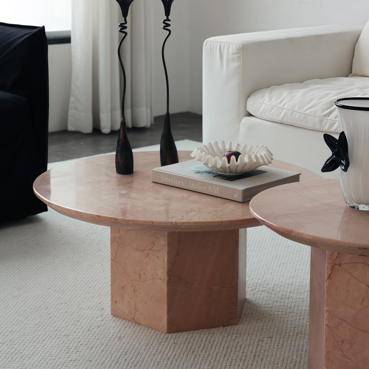 French-Style Living Room Coffee Table Set Rose-Pink Natural Marble Creamy Aesthetic