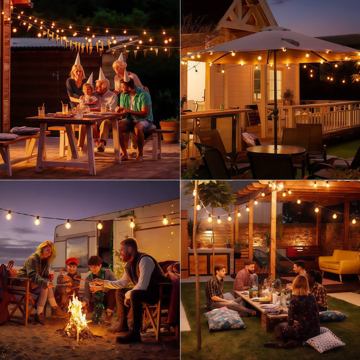 Outdoor LED solar string lights hanging on tree branches in a garden at dusk, showcasing warm vintage glow and waterproof design.