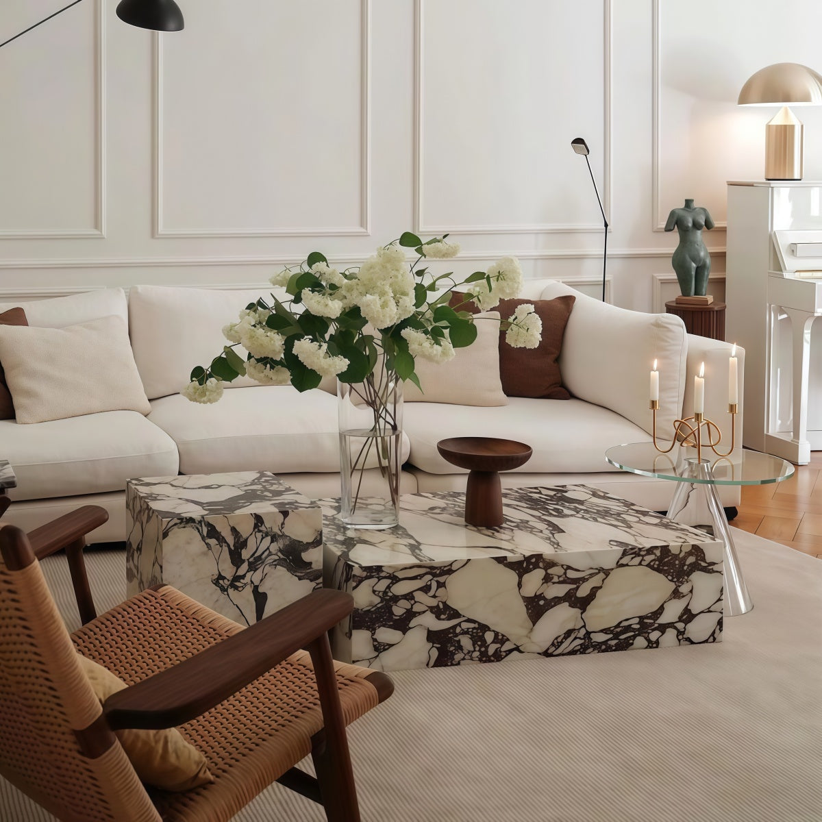Marble Coffee Table French Retro Style Living Room Nordic Style Stone Slab Side Table/Corner Table Combination