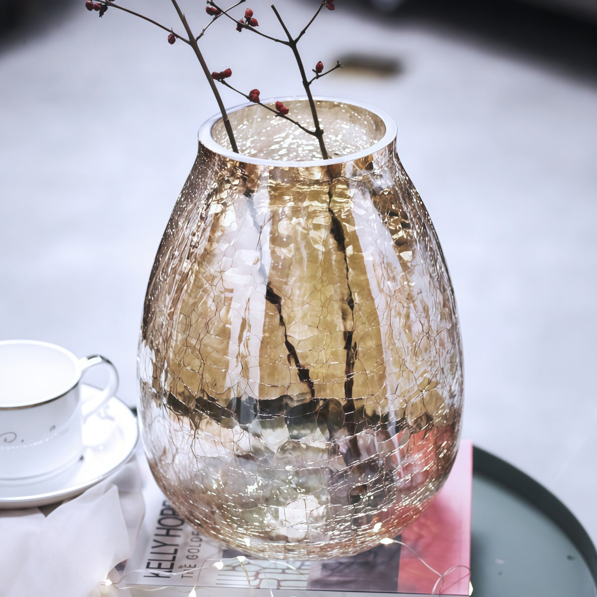 Glass Vase Floral: Elegant Crackled Glass Vase for Home Decor