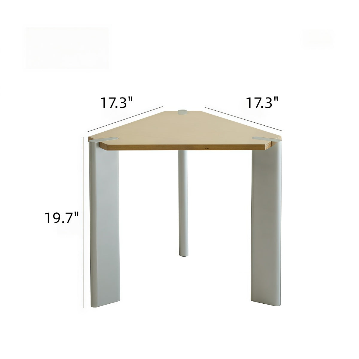 Side table in Movable Marine-grade Plywood, with a tan triangular wood-grain top and three silver metal legs.