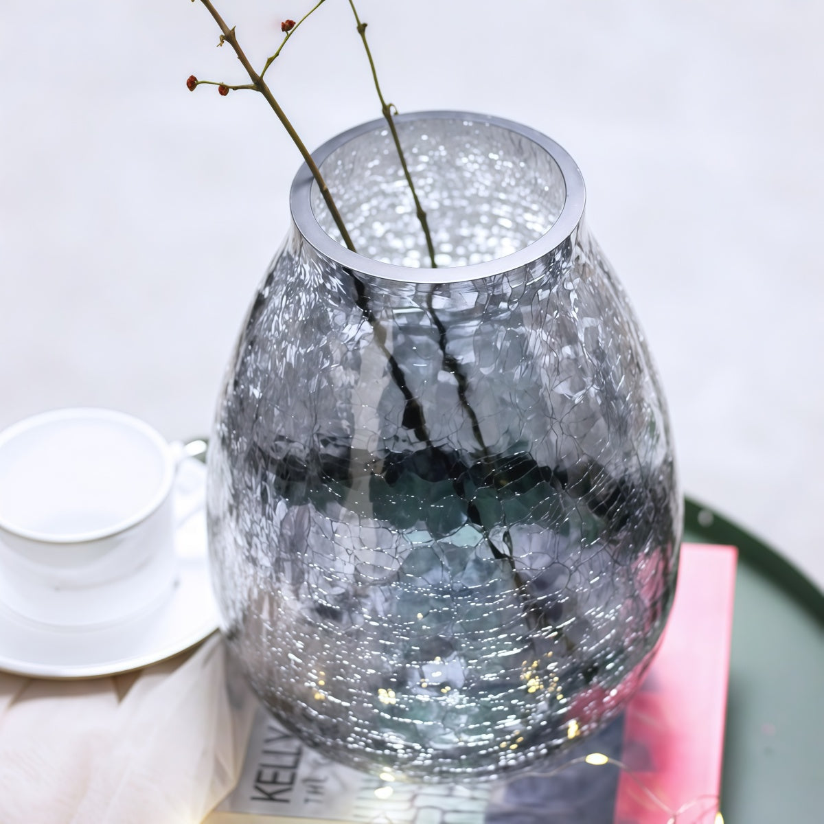 Glass Vase Floral: Elegant Crackled Glass Vase for Home Decor