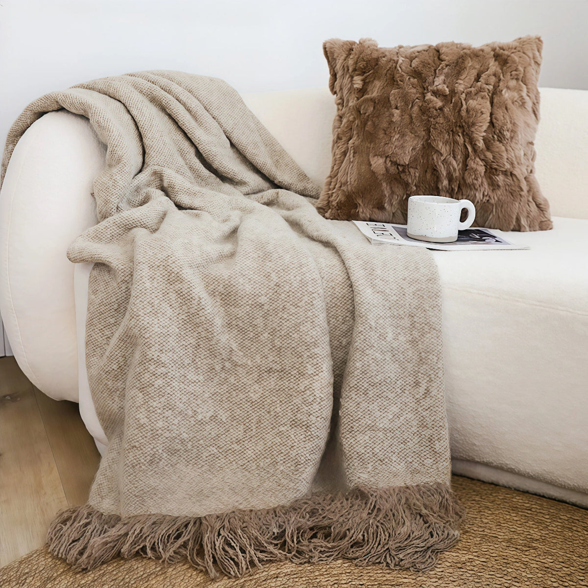 Tassel Blanket - Wabi-Sabi Brown & Coffee Textured Fleece Throw for Living Room
