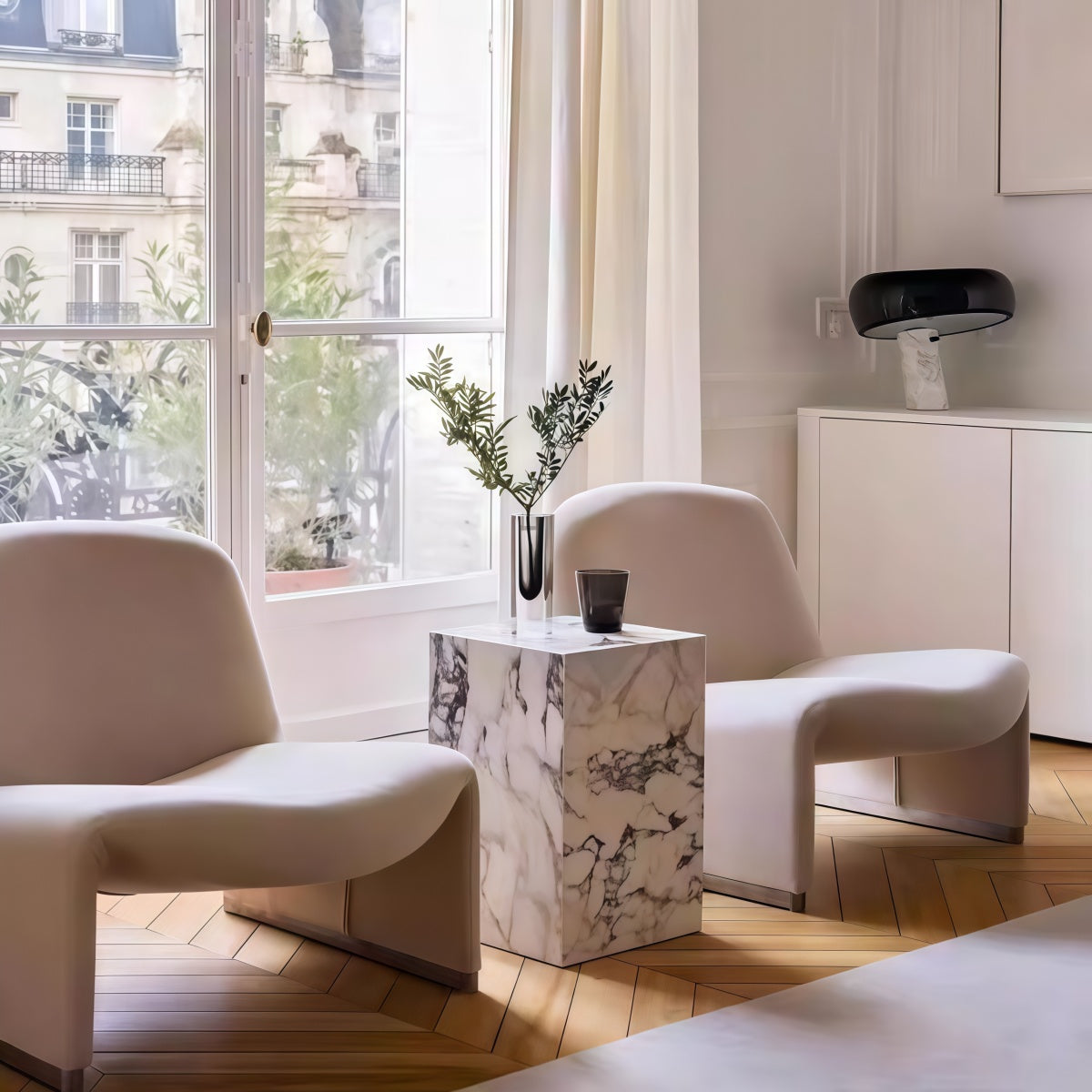 Rectangular marble coffee table with polished surface and vintage French retro Nordic design