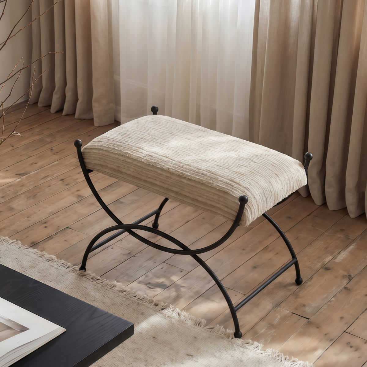 French retro style metal doorway shoe-changing stool with memory foam and jacquard fabric upholstery