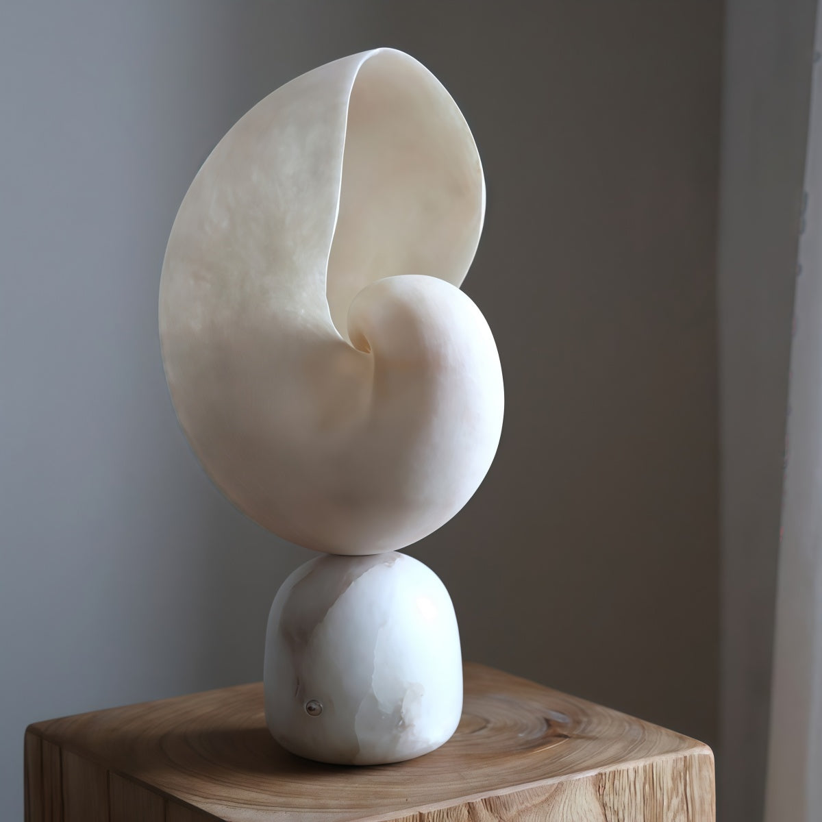 Vintage French-style conch sensor night light with semi-transparent fiberglass shade and natural marble base