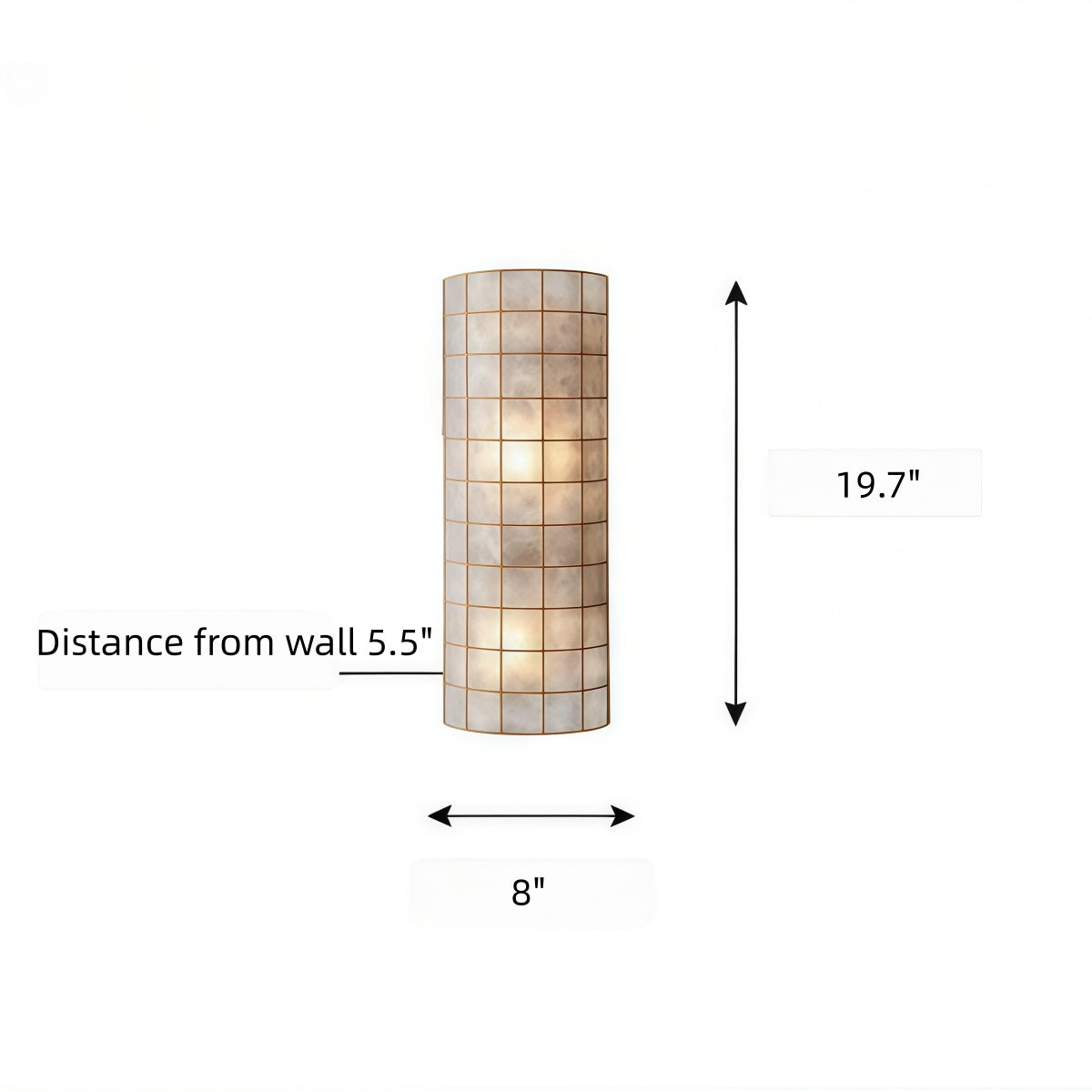 French Vintage-style Shell Wall Lamp with a beige shell mosaic shade and fine brass grid trim in a cylinder shape.