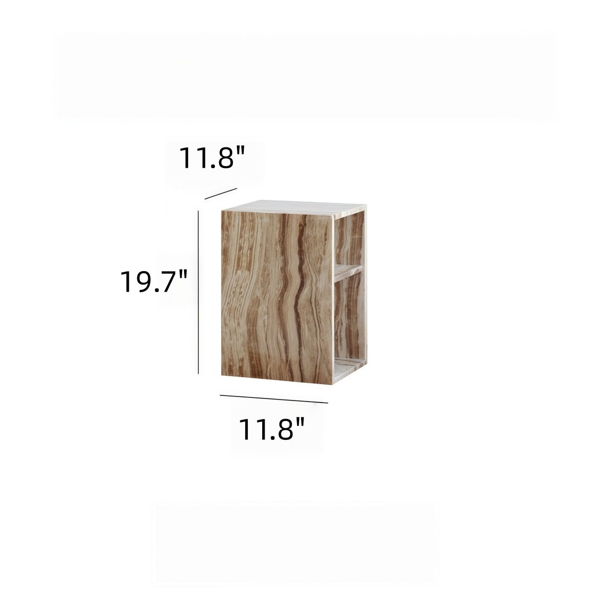 Square side table in Natural Persian Jade Marble, with brown and cream vertical veining, white top, and open side shelves.