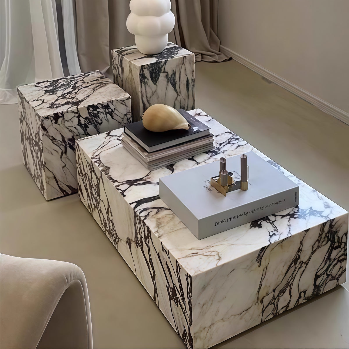Marble Coffee Table French Retro Style Living Room Nordic Style Stone Slab Side Table/Corner Table Combination