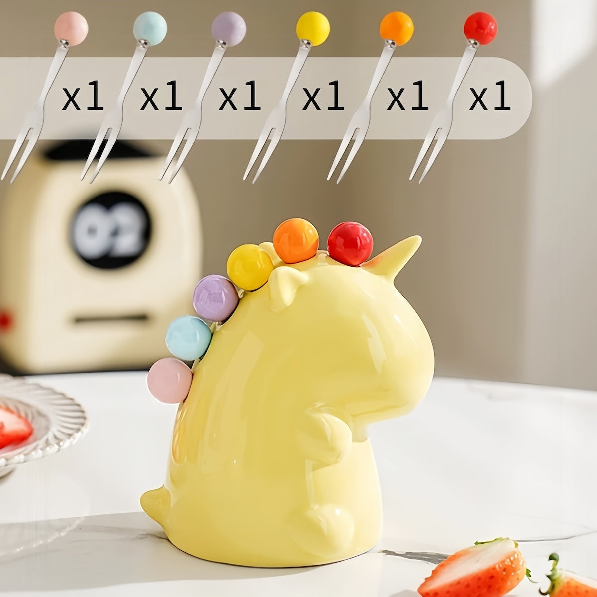 Dessert Fork - Stainless Steel Fruit Fork Set with Cute Ceramic Holder